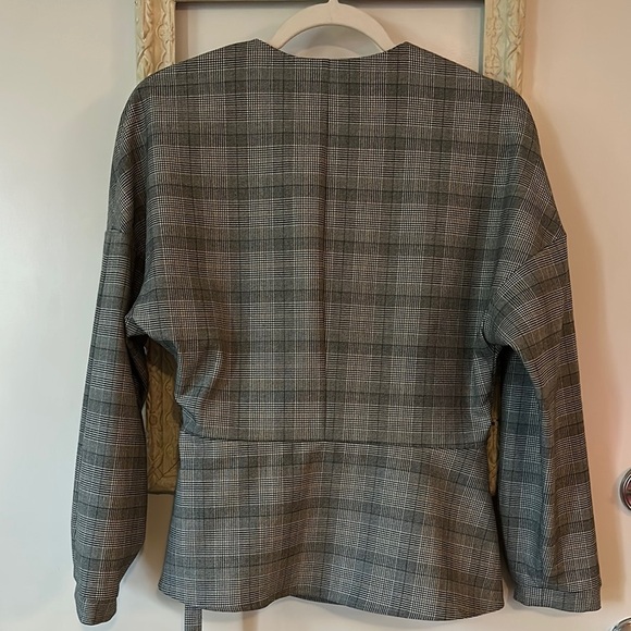 ZARA | Black and White Checkered Wrap Blouse Top Blazer with Puff Sleeves - Picture 8 of 16